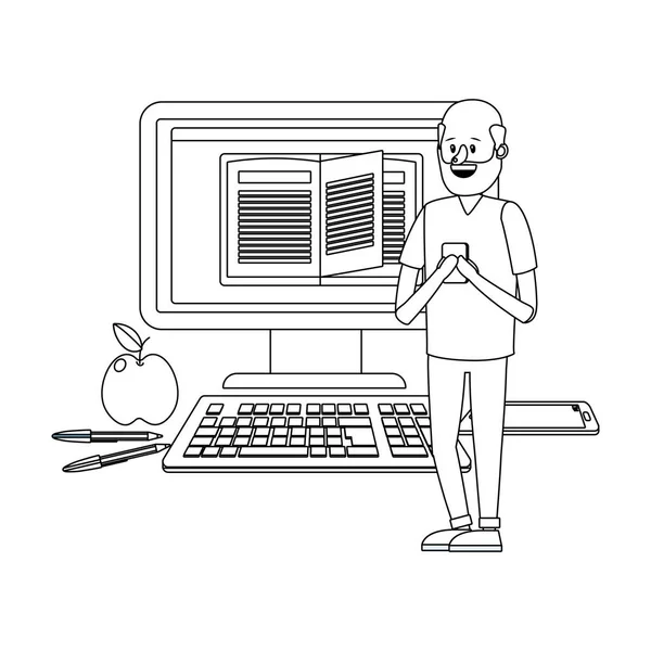 Educazione Online Uomo Che Studia Con Computer Fumetto Vettore Illustrazione — Vettoriale Stock