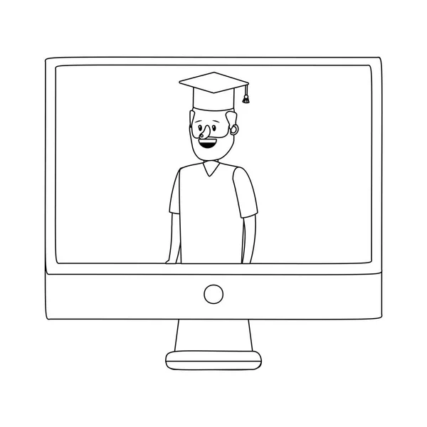 Edukacja Online Człowiek Wewnątrz Komputera Ekran Kreskówka Wektor Ilustracja Projekt — Wektor stockowy