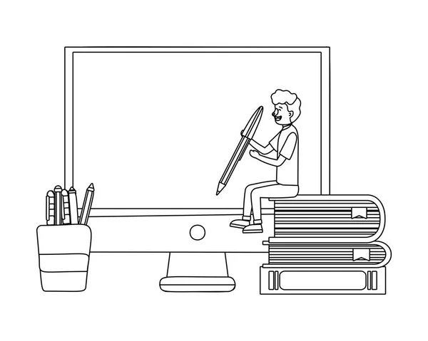 Online Education Little Man Front Computer Screen Cartoon Vector Illustration — Stock Vector