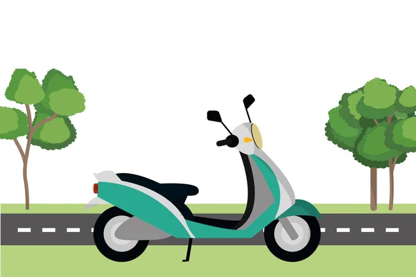 transportation concept scooter motorcycle at street between nature cartoon vector illustration graphic design