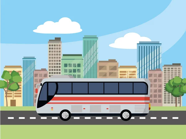 Ulaşım Kavramı Otobüs Önünde Şehir Manzara Karikatür Vektör Çizim Grafik — Stok Vektör