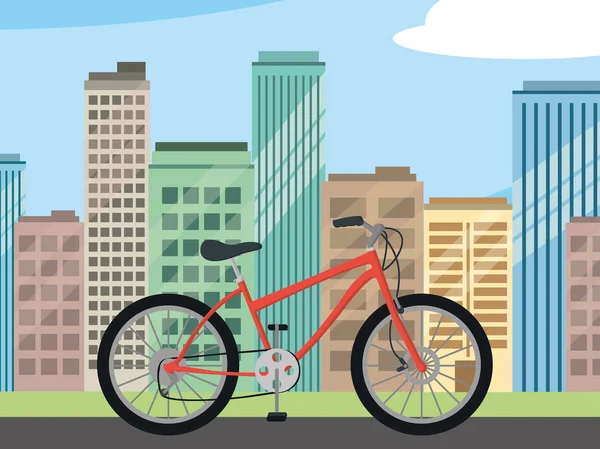 Concepto Transporte Bicicleta Montaña Frente Ciudad Paisaje Dibujos Animados Vector — Vector de stock