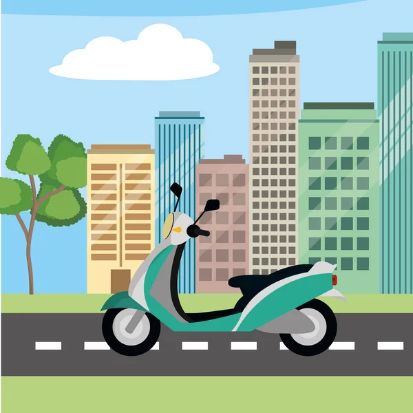 transportation concept scooter motorcycle in front city landscape cartoon vector illustration graphic design