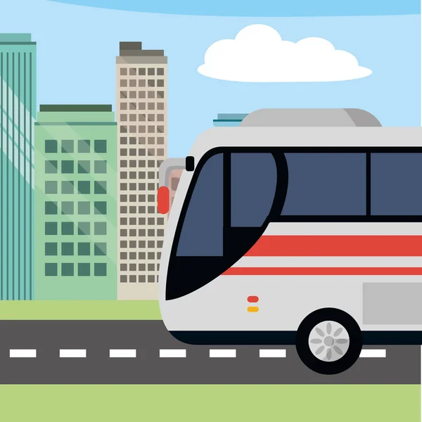 交通コンセプト バス前に都市風景漫画ベクトル イラスト グラフィック デザインします — ストックベクタ