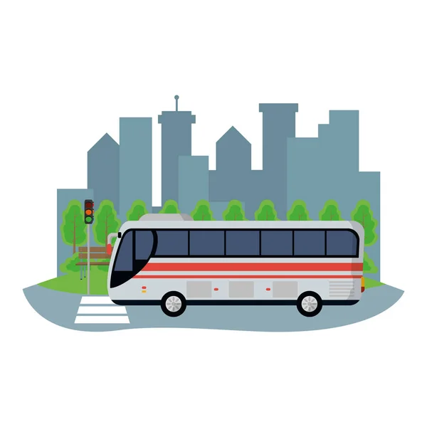 Transportation Concept Bus Front City Landscape Cartoon Vector Illustration Graphic — Stock Vector