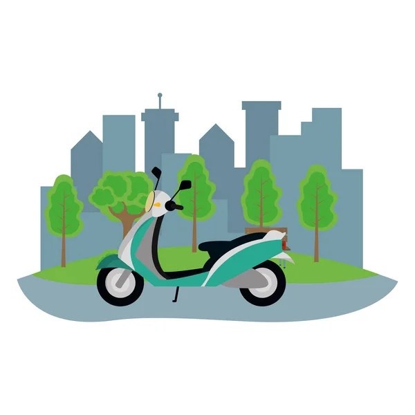 交通コンセプト スクーター オートバイの前部の都市風景漫画ベクトル イラスト グラフィック デザイン — ストックベクタ