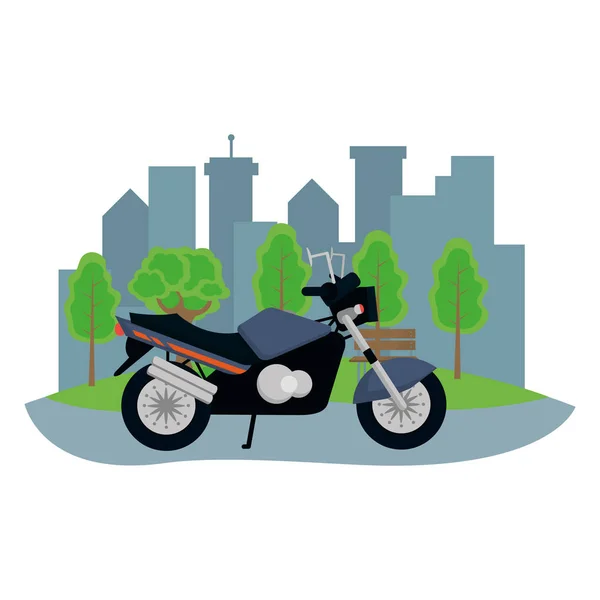 Pojęcie Transportu Motocykla Przodu Miasto Krajobraz Kreskówka Wektor Ilustracja Projekt — Wektor stockowy