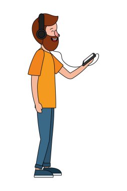 Genç adam earpods çizgi film vektör çizim grafik tasarım ile müzik dinlemek