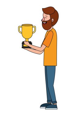 Kupa karikatür vektör çizim grafik tasarım tutan genç adam