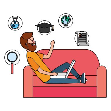 Online eğitim adam ile laptop üzerinde çizgi film vektör çizim grafik tasarlamak