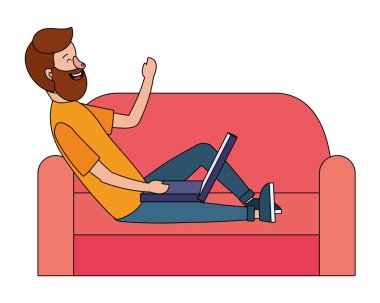 teknolojisini kullanarak adam aygıt dizüstü rahat kanepe vektör çizim grafik tasarım