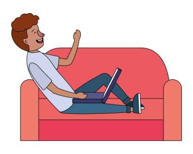 teknolojisini kullanarak adam aygıt dizüstü rahat kanepe vektör çizim grafik tasarım