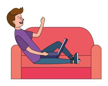 teknolojisini kullanarak adam aygıt dizüstü rahat kanepe vektör çizim grafik tasarım