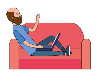 teknolojisini kullanarak adam aygıt dizüstü rahat kanepe vektör çizim grafik tasarım