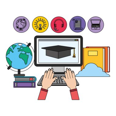 Online eğitim bilgisayar karikatür vektör çizim grafik tasarım