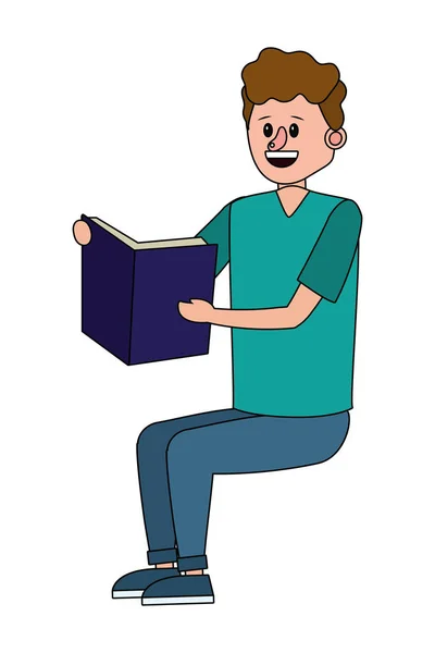 Education Seated Man Reading Book Cartoon Vector Illustration Graphic Design — Stock Vector