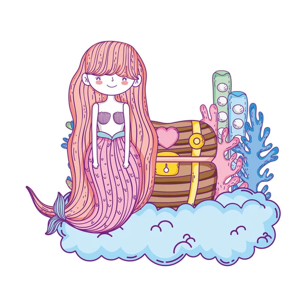 Beautiful Mermaid Treasure Chest Clouds Vector Illustration Design — Stock Vector