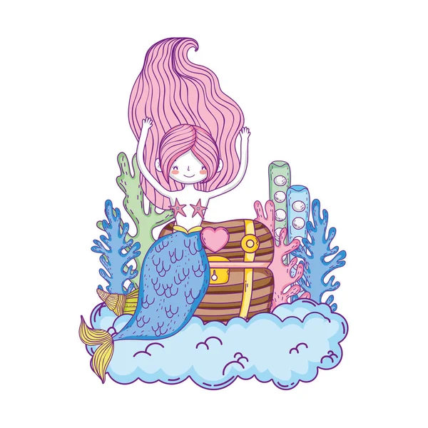 Hermosa Sirena Con Cofre Del Tesoro Nubes Vector Ilustración Diseño — Vector de stock