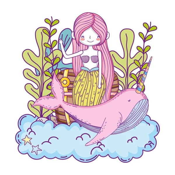 Hermosa Sirena Con Narval Personaje Cuento Hadas Vector Ilustración Diseño — Archivo Imágenes Vectoriales