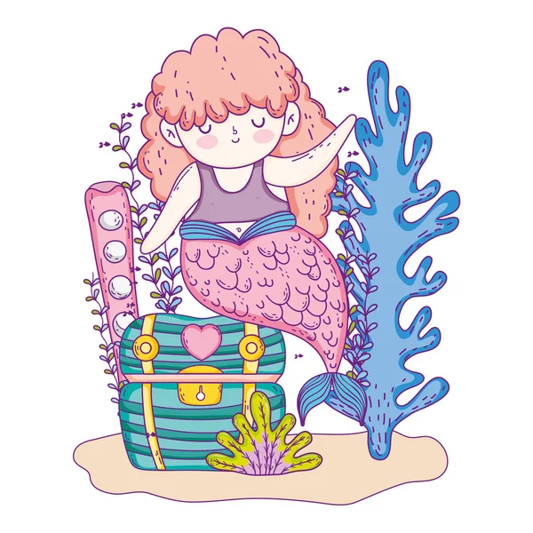 Beautiful Mermaid Treasure Chest Seaweed Vector Illustration Design — Stock Vector