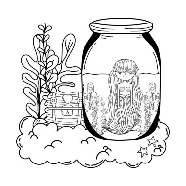 deniz yosunu vektör çizim tasarım mason kavanoza güzel deniz kızı