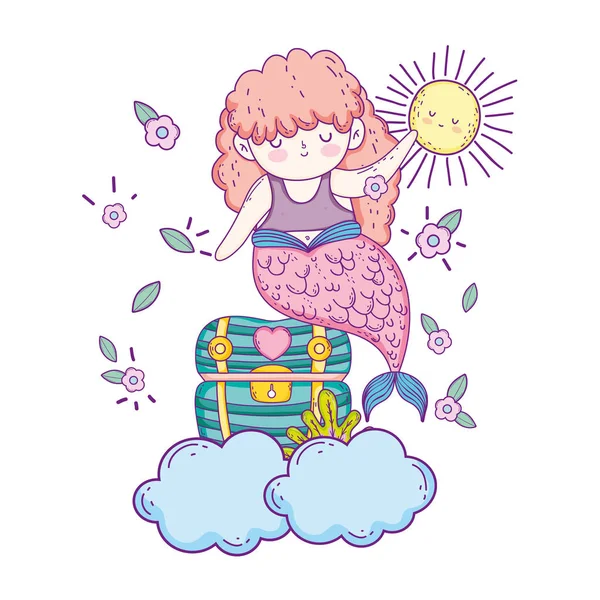 Beautiful Mermaid Treasure Chest Clouds Vector Illustration Design — Stock Vector