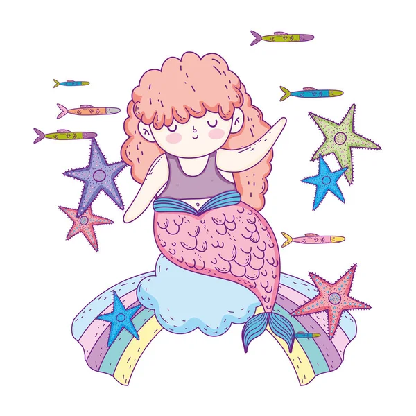 Hermosa Sirena Con Estrellas Mar Nubes Vector Ilustración Diseño — Vector de stock