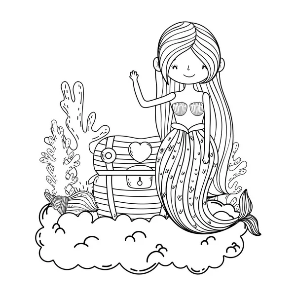 Schöne Meerjungfrau Mit Schatzkiste Wolken Vektor Illustration Design — Stockvektor