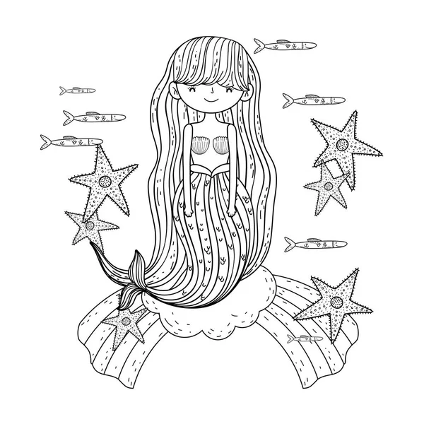 Hermosa Sirena Con Estrellas Mar Nubes Vector Ilustración Diseño — Archivo Imágenes Vectoriales