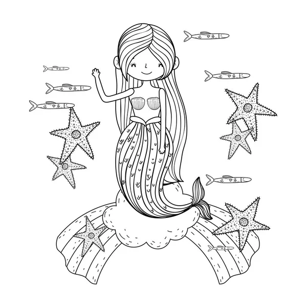 Vacker Sjöjungfru Med Starfishes Moln Vektor Illustration Design — Stock vektor