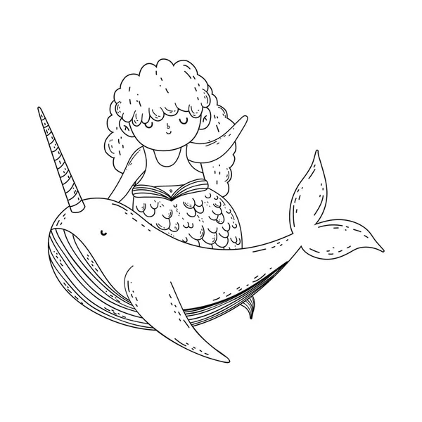 Hermosa Sirena Con Narval Personaje Cuento Hadas Vector Ilustración Diseño — Vector de stock