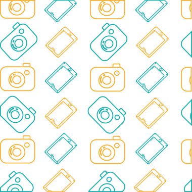 dijital kamera ve smartphone teknoloji nesneleri arka plan vektör çizim çizgisi