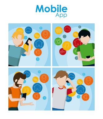 Genç erkek hareket eden app kartları vektör çizim grafik tasarım kullanarak kümesi