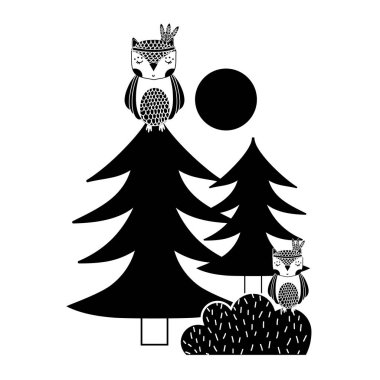 siluet etnik baykuşlar hayvanlar çam ağaçlar ve çalılar vektör çizim ile