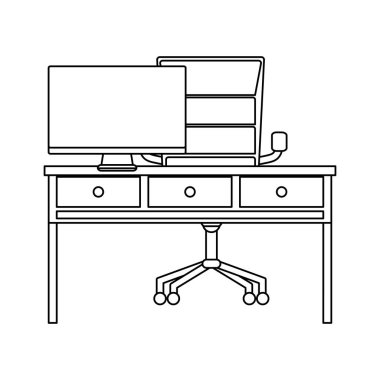 satır ofis masası çekmeceler ve bilgisayar ekran vektör çizim ile