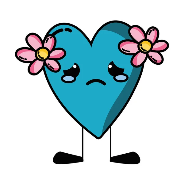 Corazón Llorando Con Flores Kawaii Piernas Vector Ilustración — Vector de stock