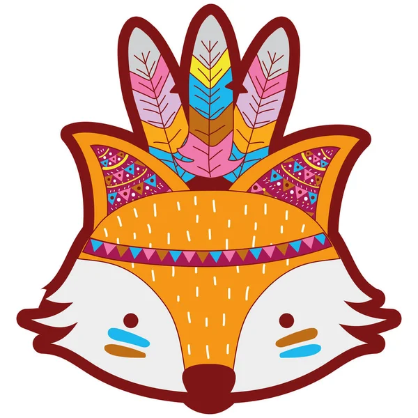 Line Color Cute Fox Head Animal Feathers Vector Illustration — Stock Vector