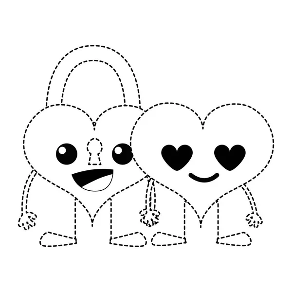 虚线形状幸福夫妇心脏 Kawaii 卡通矢量插图 — 图库矢量图片