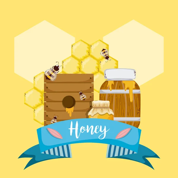 Zoete Honing Kaart Met Lint Banner Bijen Vector Illustratie Grafisch — Stockvector
