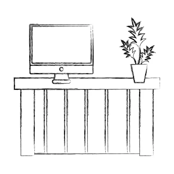 Figure Wood Desk Computer Screen Plant Vector Illustration — Stock Vector