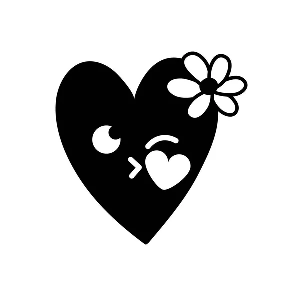 Contorno Beijo Coração Com Flores Kawaii Desenho Animado Vetor Ilustração — Vetor de Stock