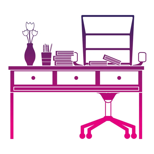 Silhouette Büro Holz Schreibtisch Mit Büchern Und Stühlen Vektor Illustration — Stockvektor