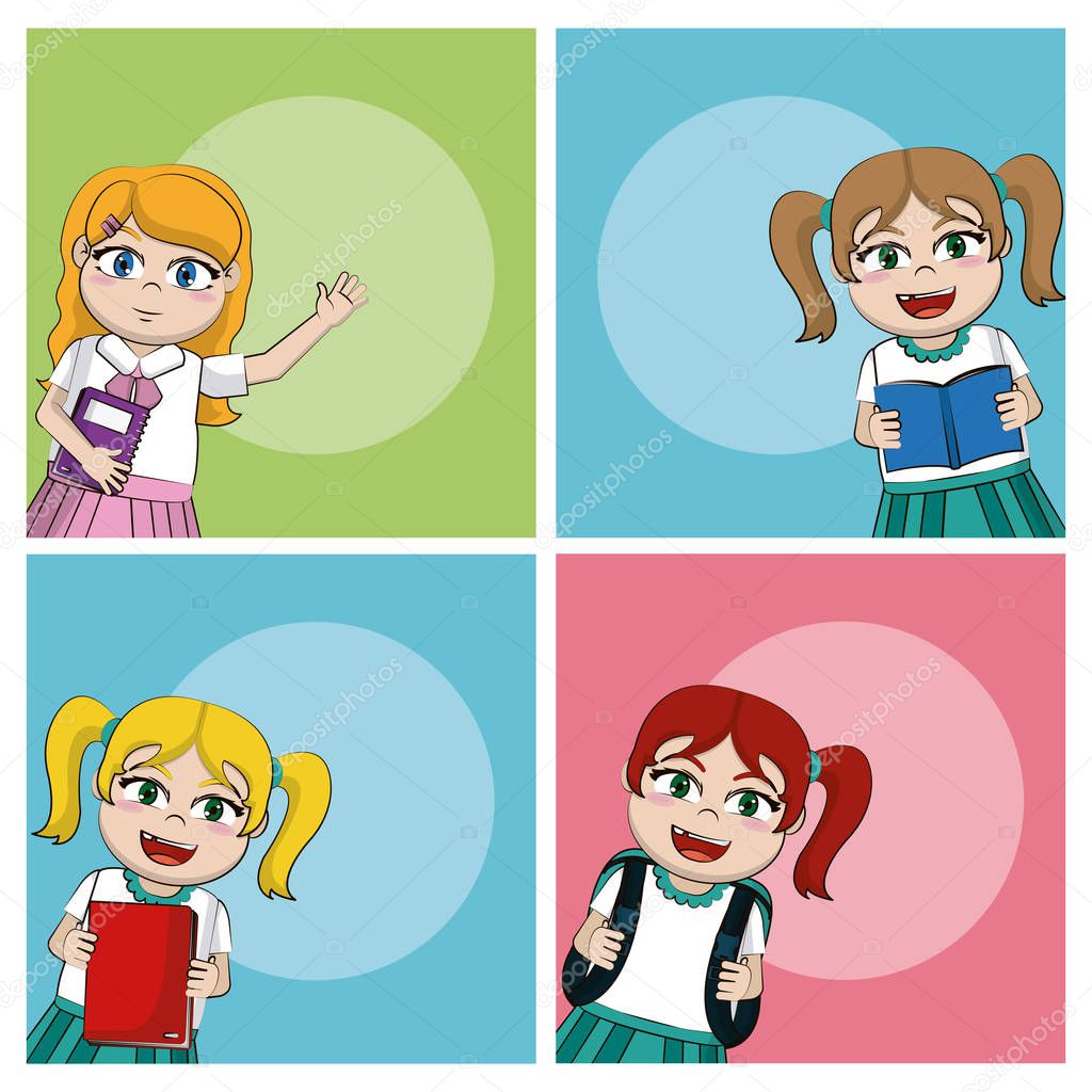 Cute school girls square frames vector illustration graphic design