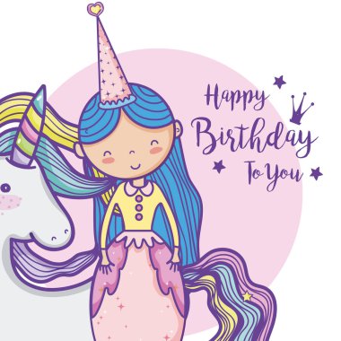 Prenses ve midilli karikatür vektör çizim grafik tasarım ile şirin Doğum günü kartı