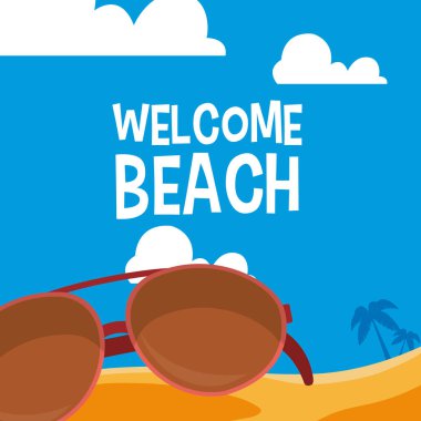 Hoşgeldiniz beach kart kum vektör çizim grafik tasarım üzerinde güneş gözlüklü