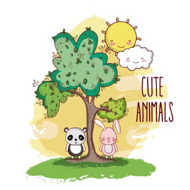 Panda ve bunny orman vektör çizim grafik tasarım