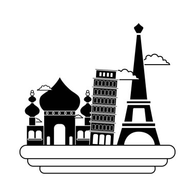 Taj mahal ve eğik pisa Kulesi Eyfel Kulesi tatil vektör çizim ile kontur