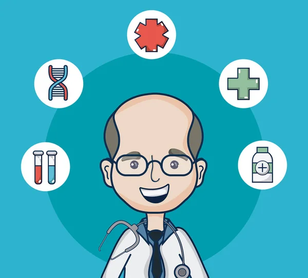 Läkare Med Medicinska Symboler Tecknade Vektor Illustration Grafisk Design — Stock vektor