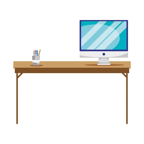 Objet Bureau Bois Avec Illustration Vectorielle Écran Ordinateur — Image vectorielle