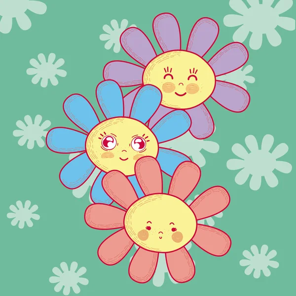 Fleurs Mignonnes Dessins Animés Sur Fond Coloré Vectoriel Illustration Conception — Image vectorielle